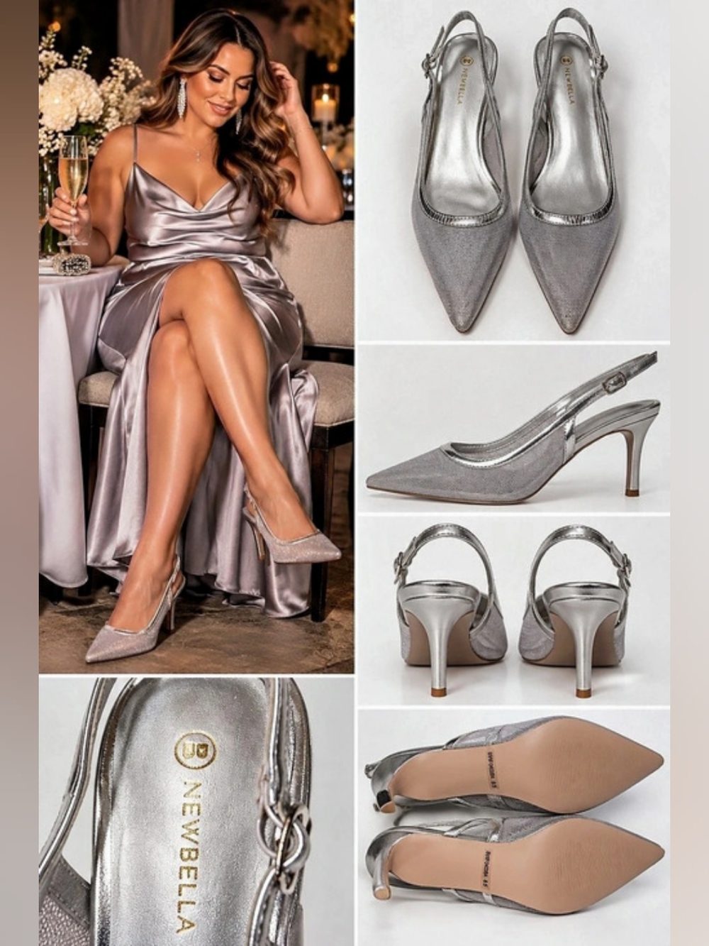 Newbella Silver Metallic Mesh Slingback Pointed Toe Heels 8.5 Wedding Guest
